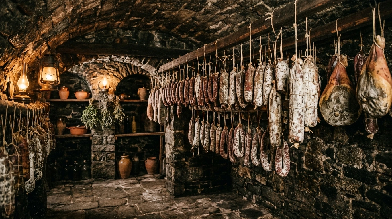 Charcuterie traditionnelle corse en cave d'affinage