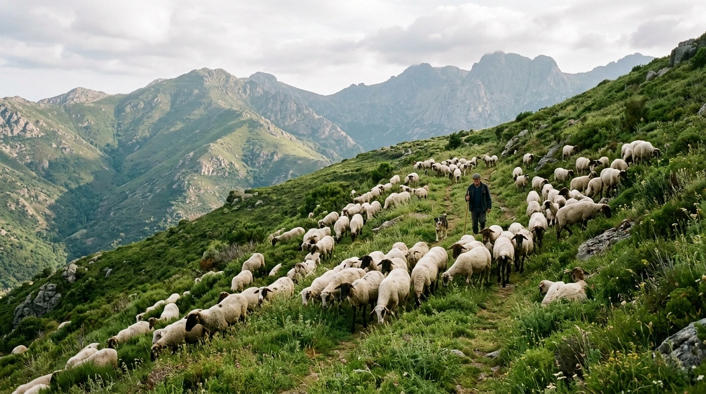 Troupeau de brebis corses en montagne