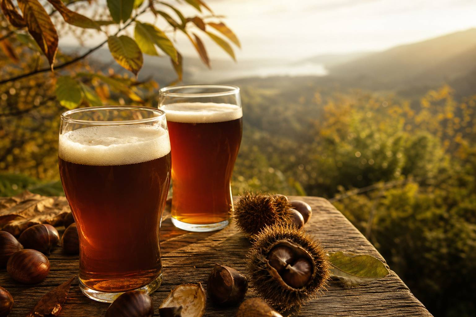 Deux verres de bière artisanale corse à la châtaigne versée sur table en bois