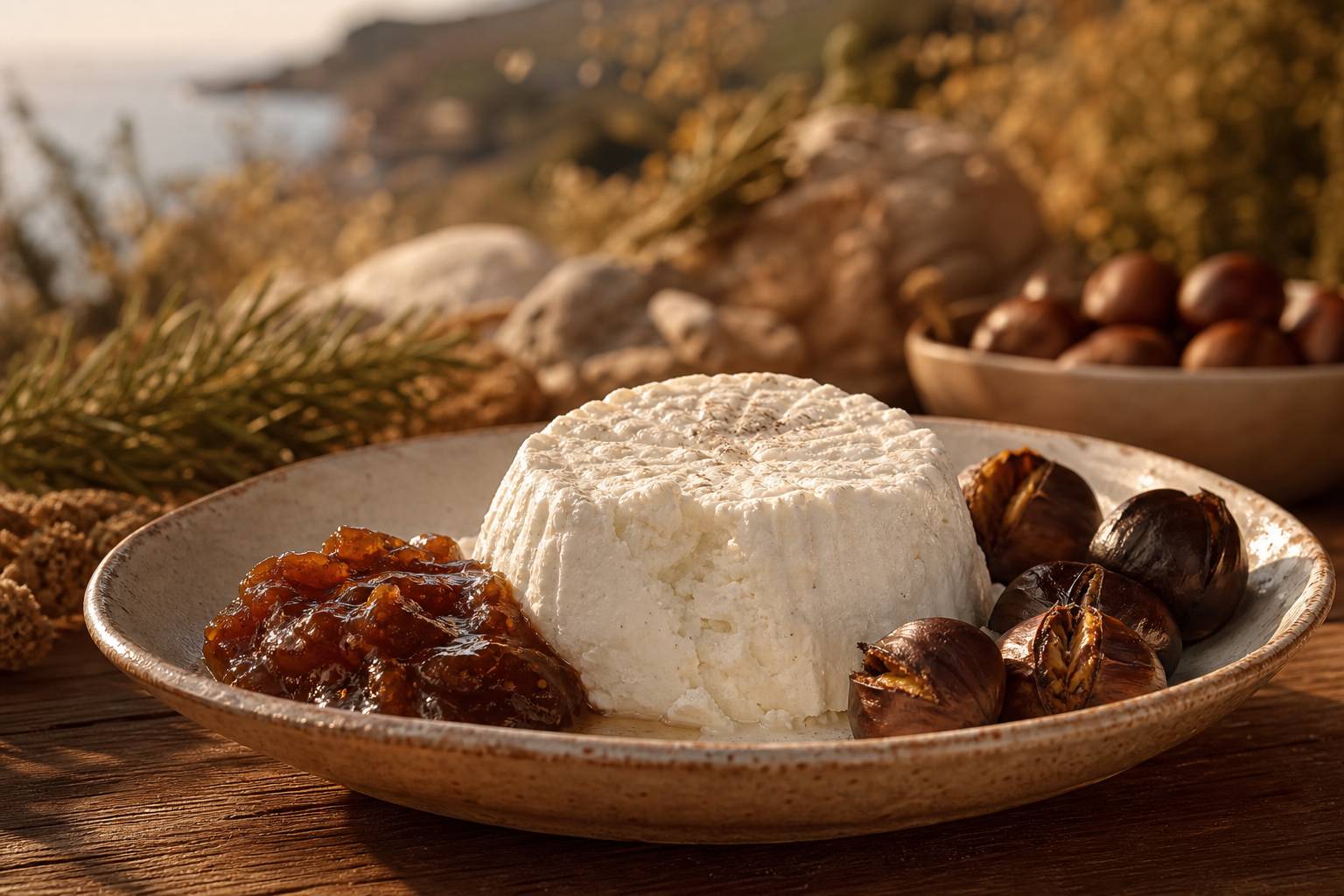 Assiette de brocciu corse frais avec confiture de figues et châtaignes grillées