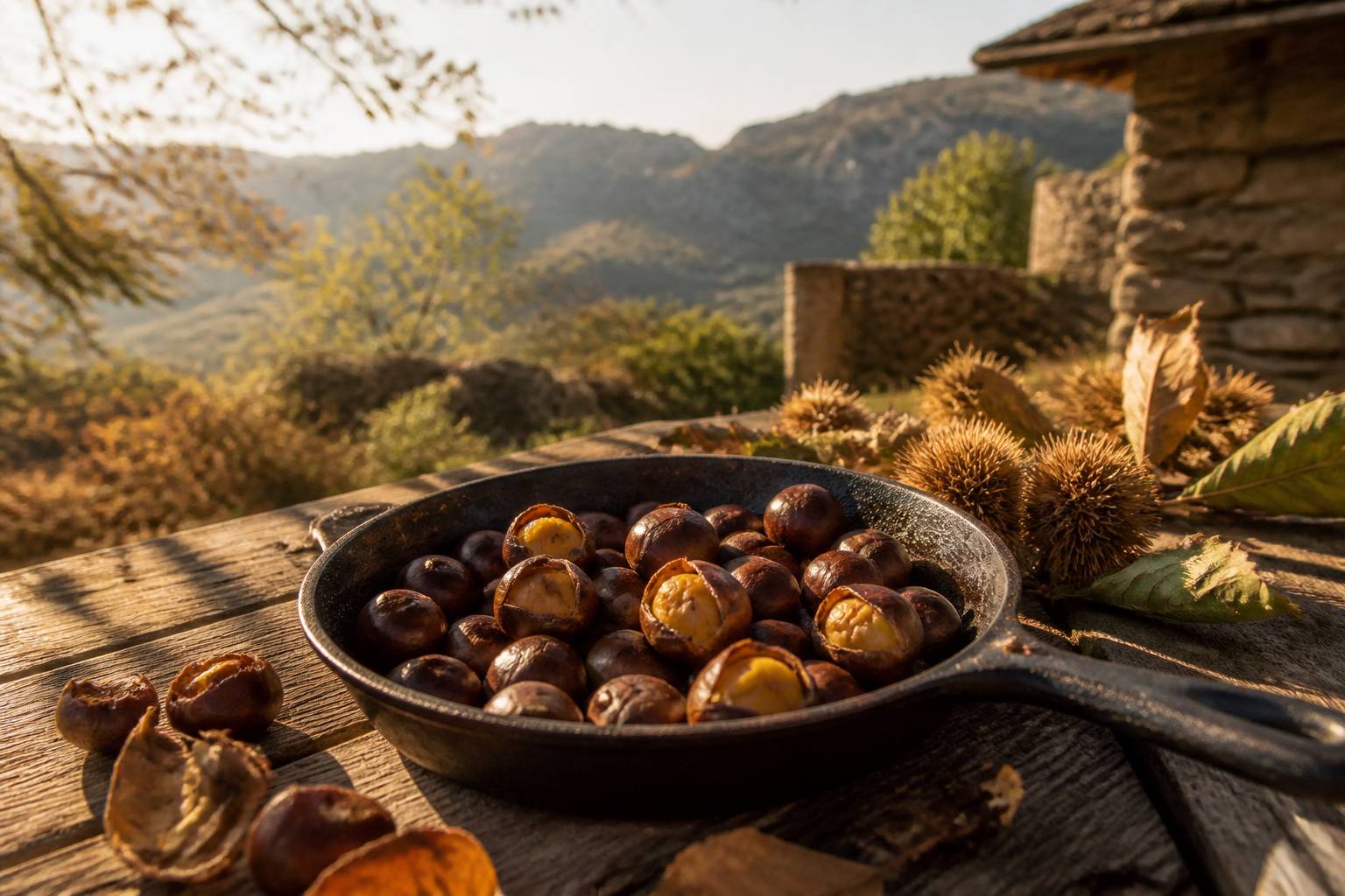 Châtaignes grillées dans une poêle en fonte sur table en bois rustique