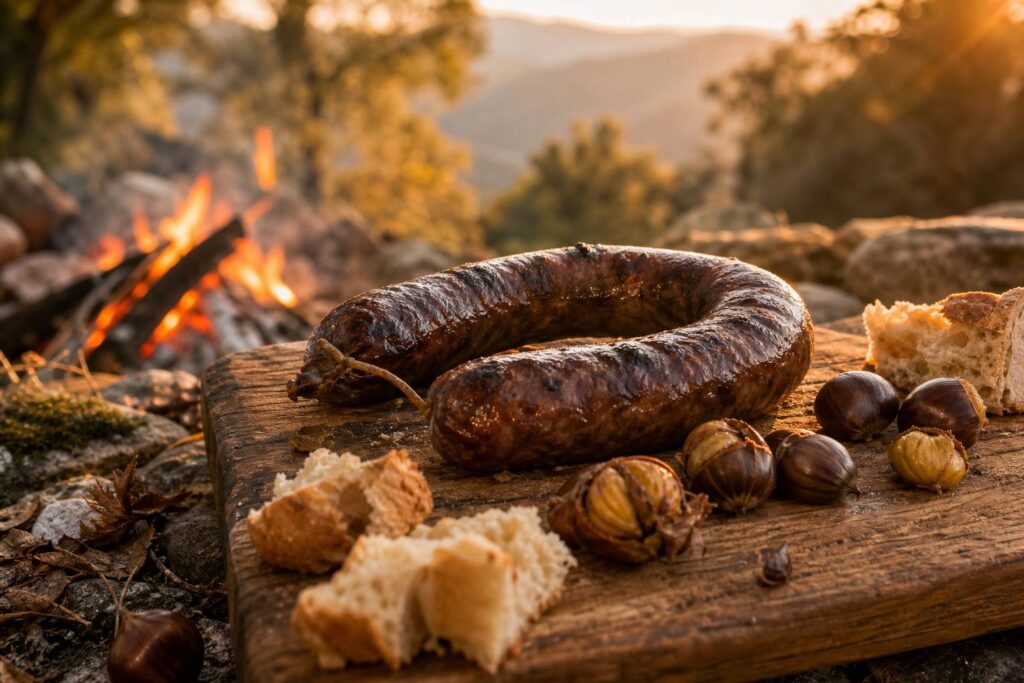 Figatellu corse grillé sur planche en bois avec châtaignes et pain