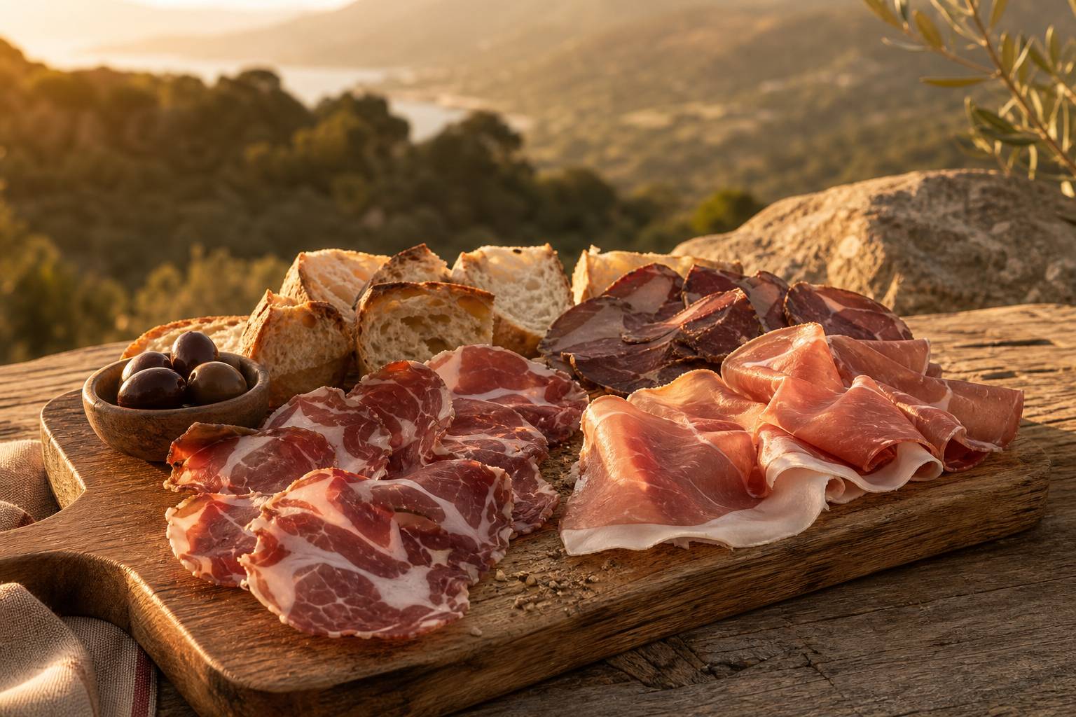 Fines tranches de coppa, lonzu et prisuttu corses sur planche avec olives et pain