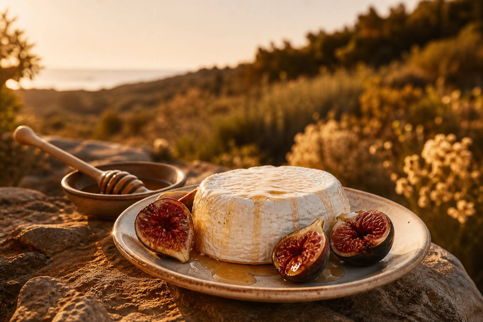 Assiette de fromage de brebis corse frais avec figues et miel