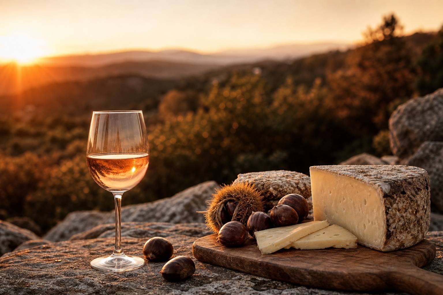 Verre de vin Patrimonio rosé avec fromage et châtaignes sur table en pierre