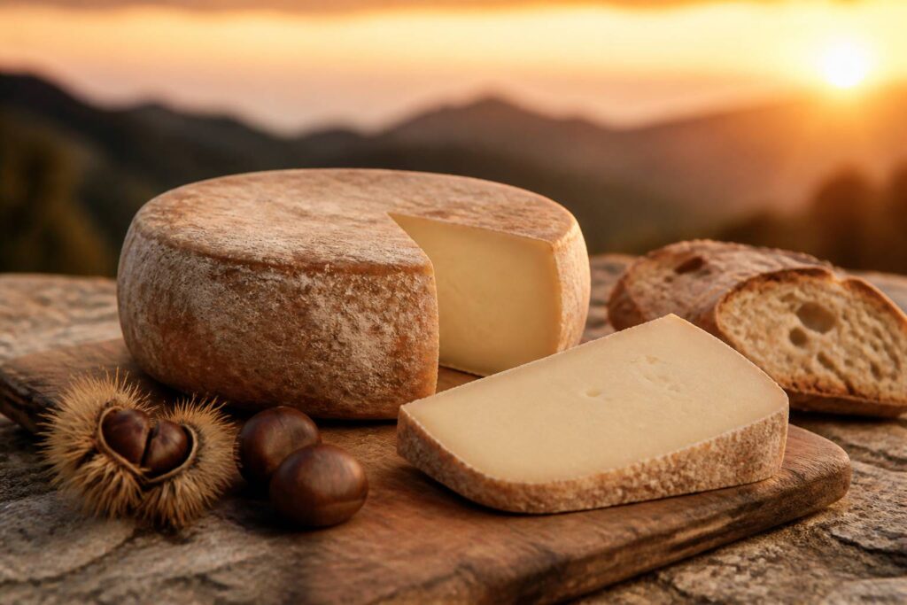 Tomme corse entière et tranchée sur planche avec châtaignes et pain