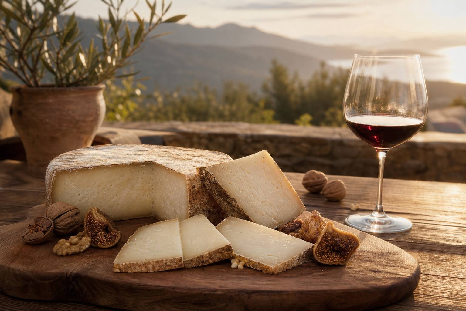 Tranches de tomme corse sur planche avec figues sèches, noix et vin rouge