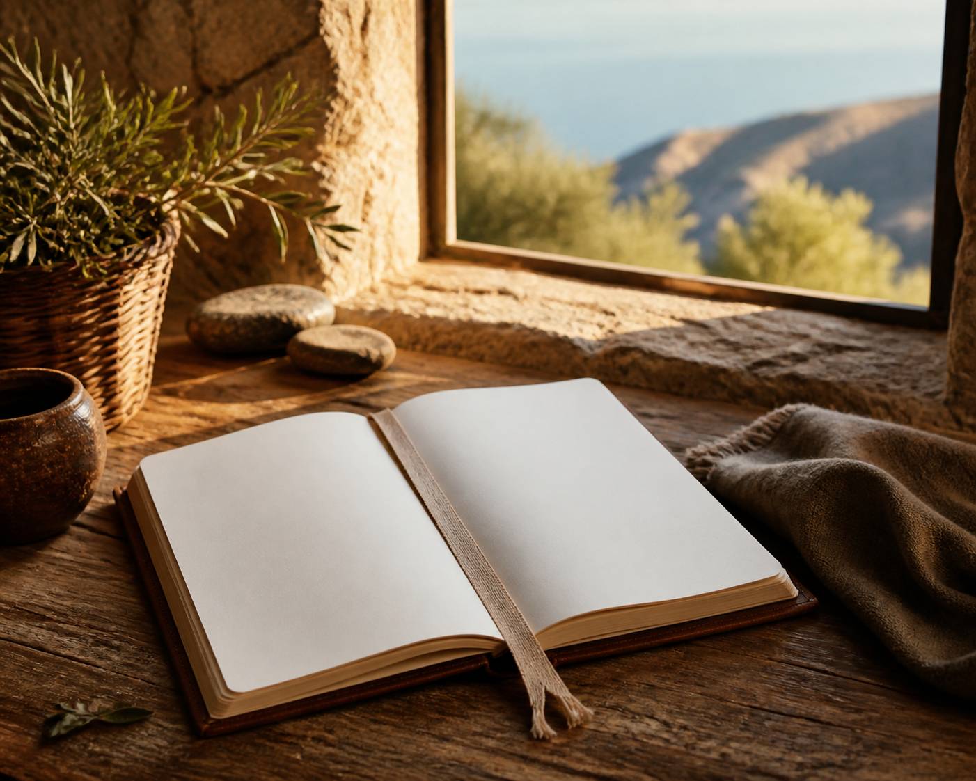 Agenda ouvert avec marque-page posé sur une table devant un paysage corse