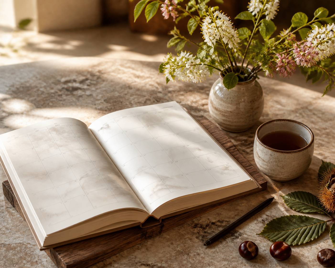 Agenda de mai avec dates entourées et fleurs de printemps