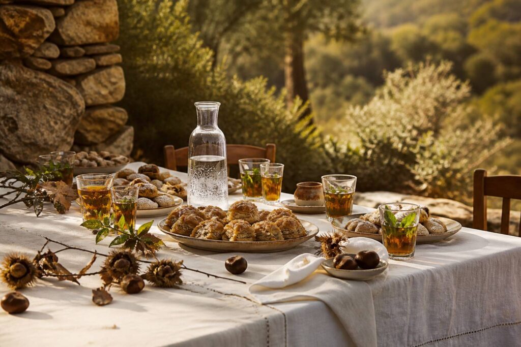 Table de fête avec des pâtisseries orientales et des verres de thé à la menthe