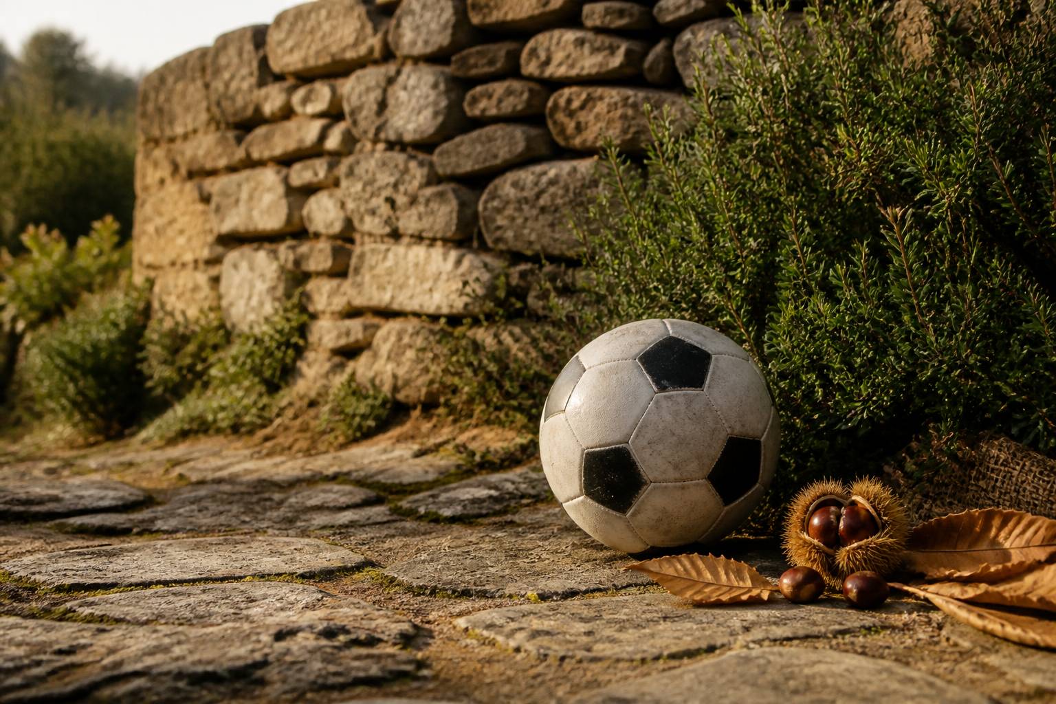 Ballon de football posé sur un sol en pierre avec du maquis