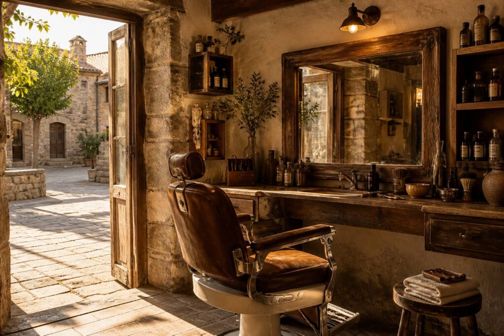 Boutique de barbier de village avec fauteuil ancien et lumière dorée