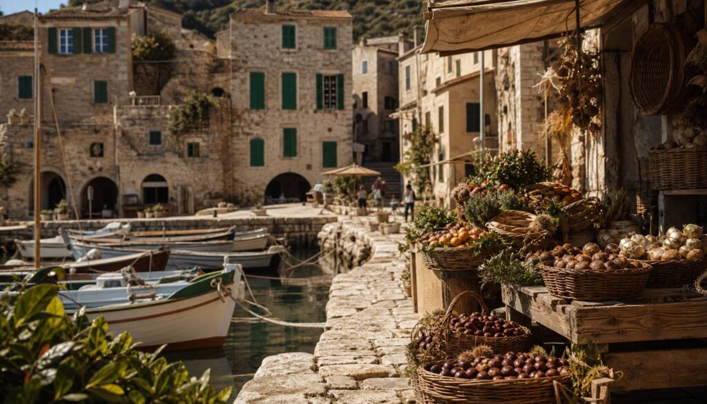 Vieux port d'une ville corse avec façades en pierre ocre