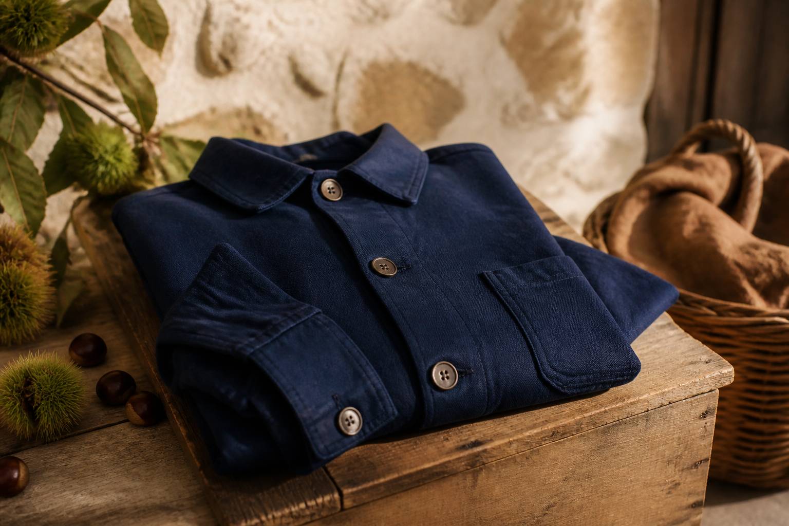 Détail d'une veste de travail bleue en toile de coton pliée avec boutons en corne