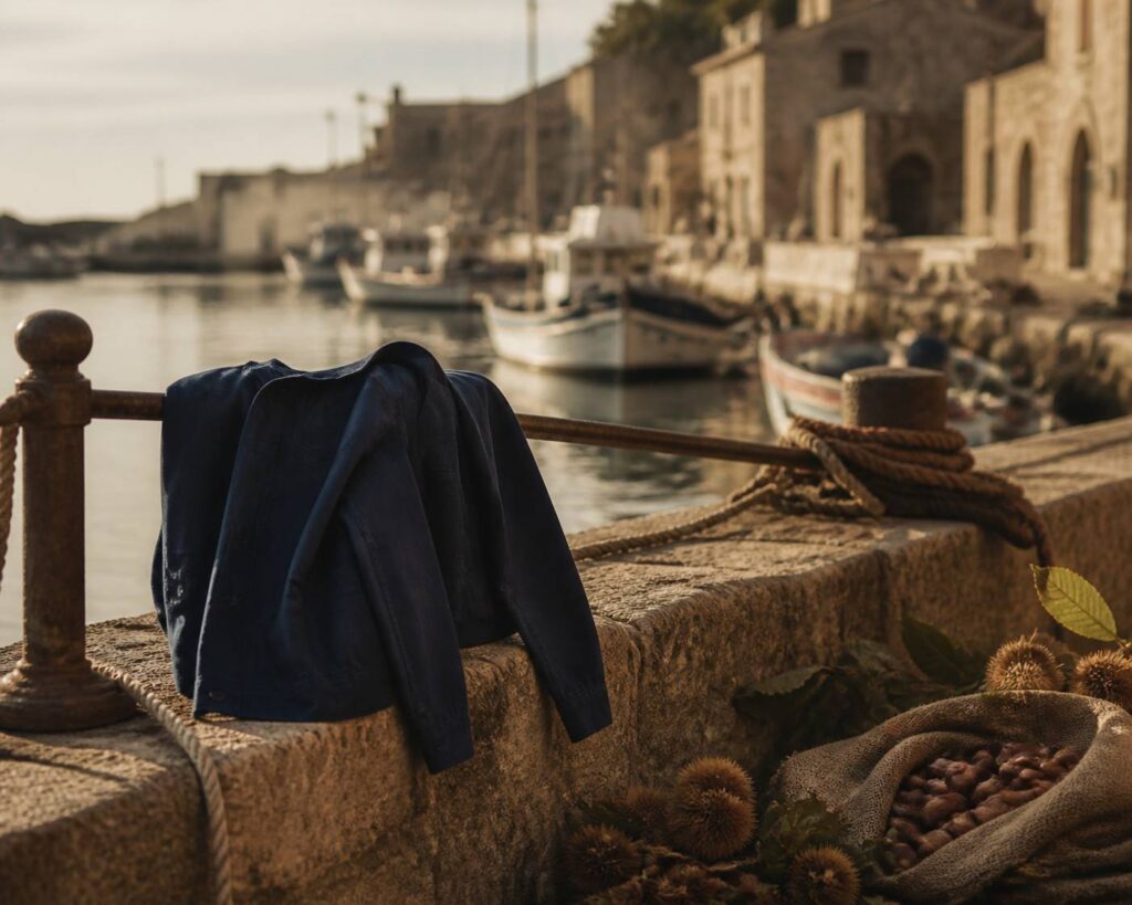 Veste en toile de coton bleu profond suspendue près d'un port méditerranéen avec des bateaux