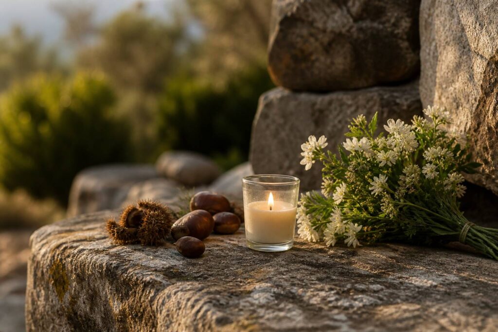 Bougie allumée et fleurs blanches posées sur une table en pierre