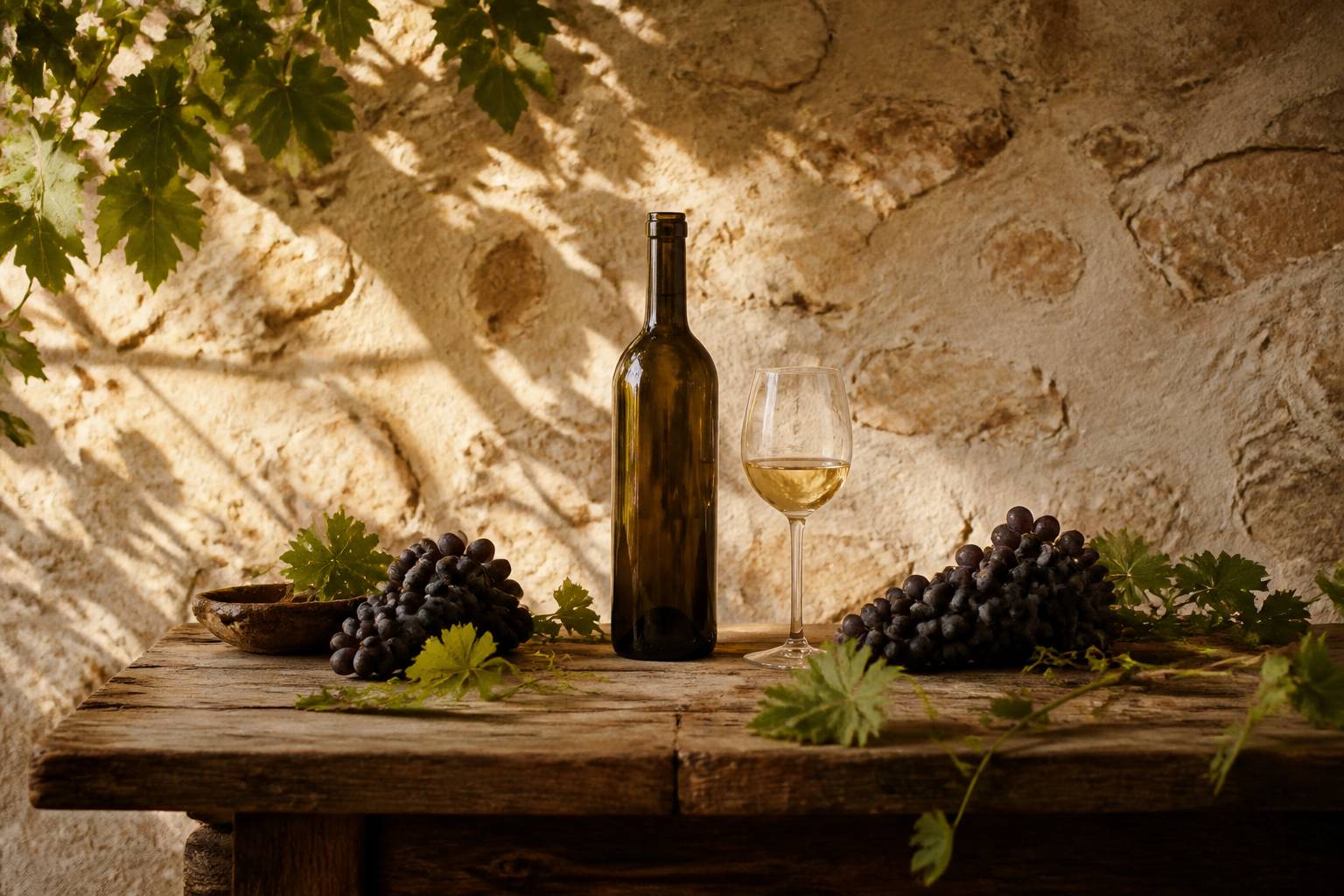 Bouteille de vin sans étiquette et verre de vin pâle sur une table en bois de châtaignier