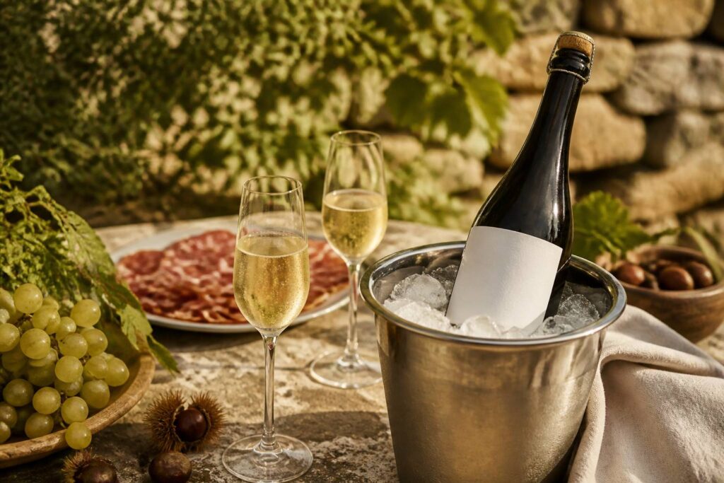 Bouteille de pétillant sans alcool dans un seau à glace avec deux flûtes dorées