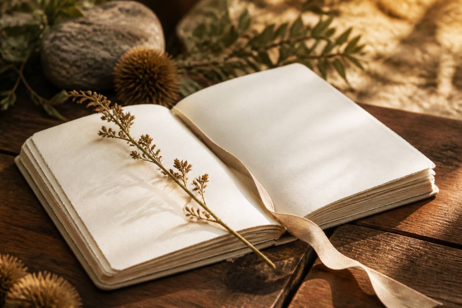 Carnet de souvenirs ouvert avec une fleur séchée en marque-page