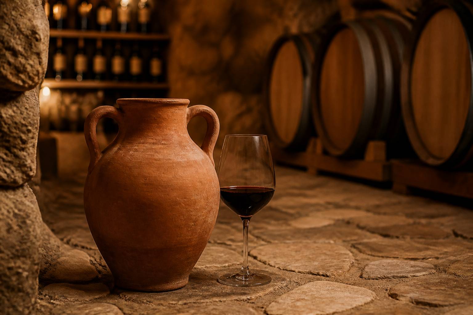 Cave avec amphore en terre cuite, verre de vin rouge et barriques en chêne dans une lumière tamisée