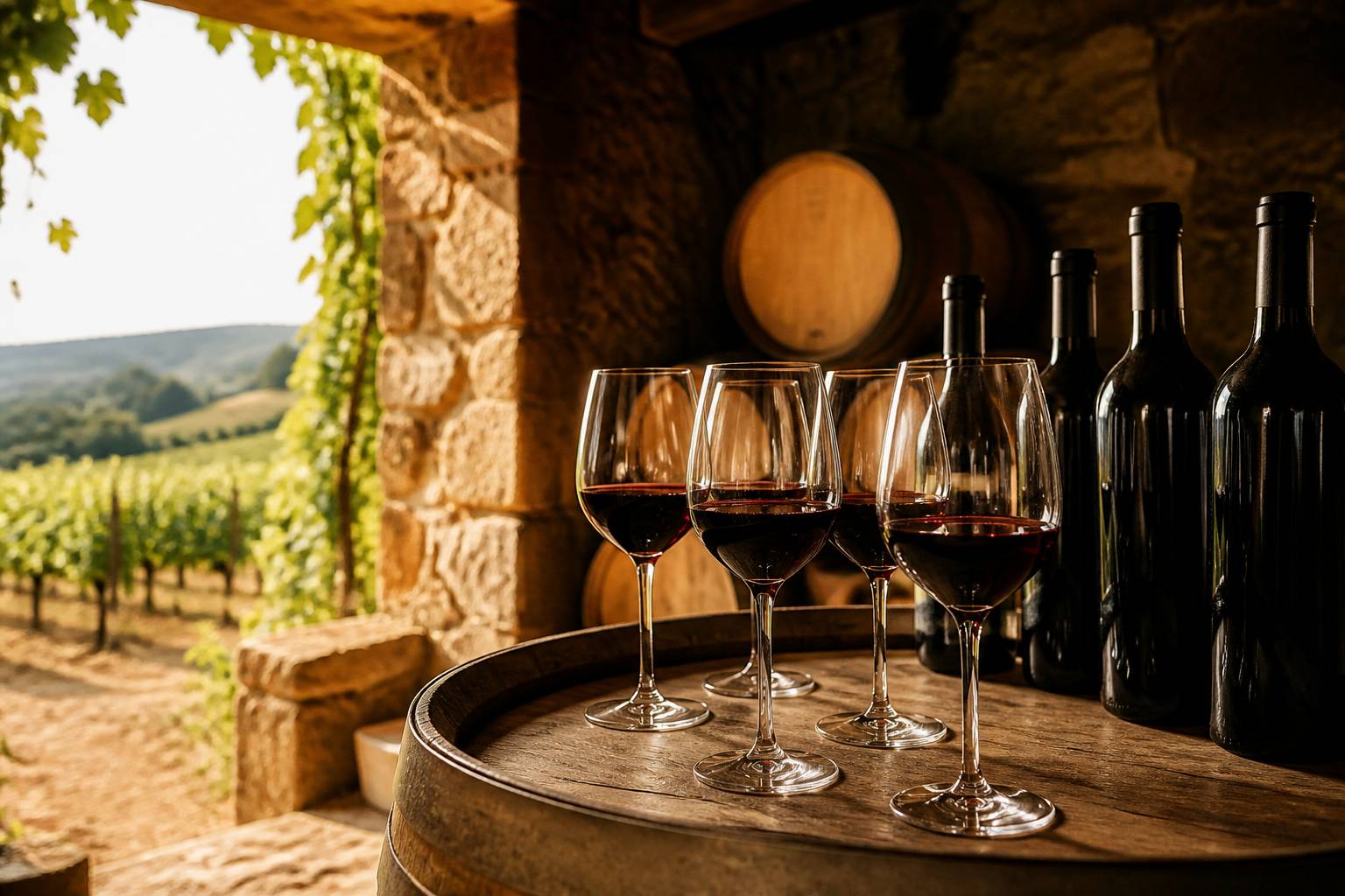 Verres de vin rouge sur un fût en bois dans une cave viticole