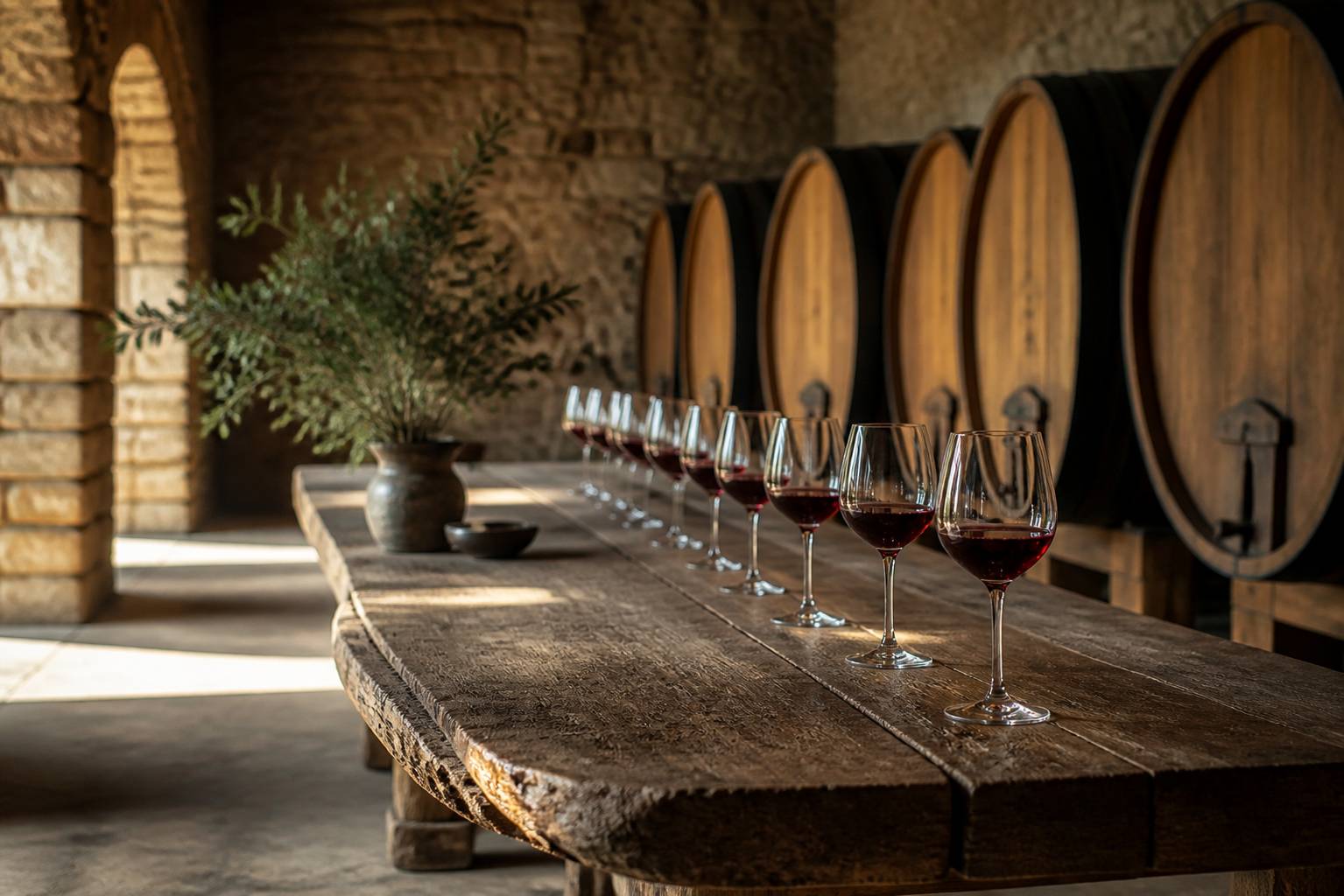 Caveau de dégustation avec tonneaux en bois et verres de vin rouge alignés