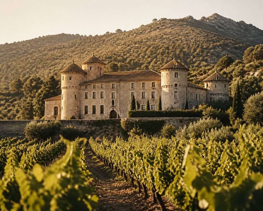 Château de pierre claire entouré de vignes dans la garrigue méditerranéenne
