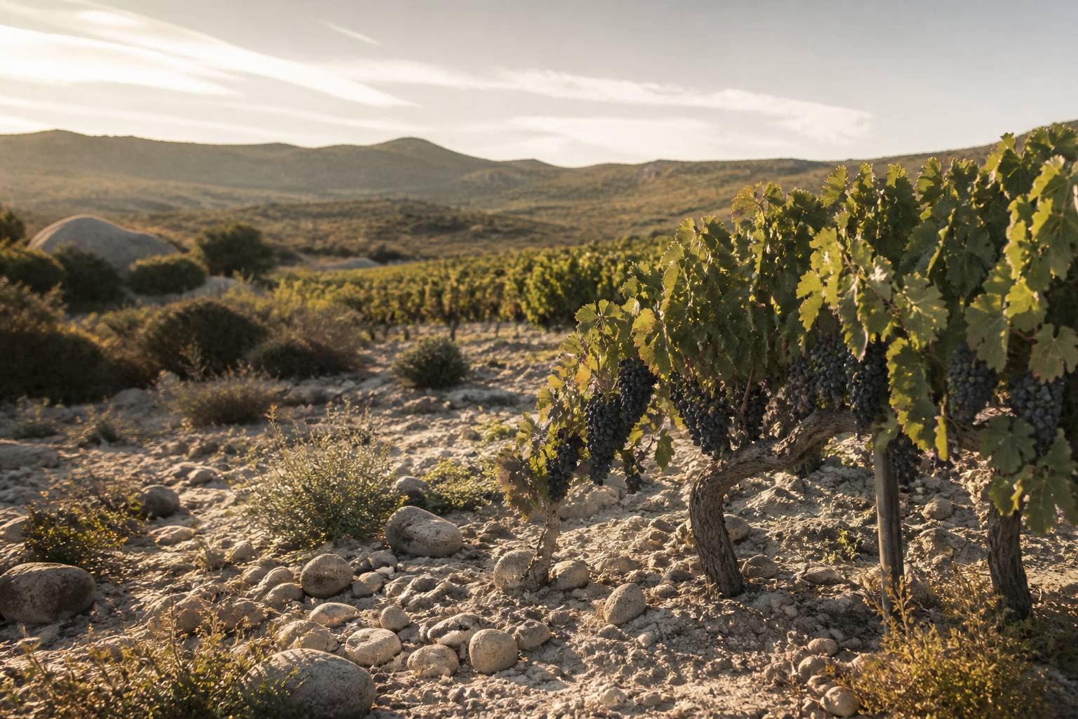 Rangées de vignes sur un terroir de galets avec collines à l'horizon