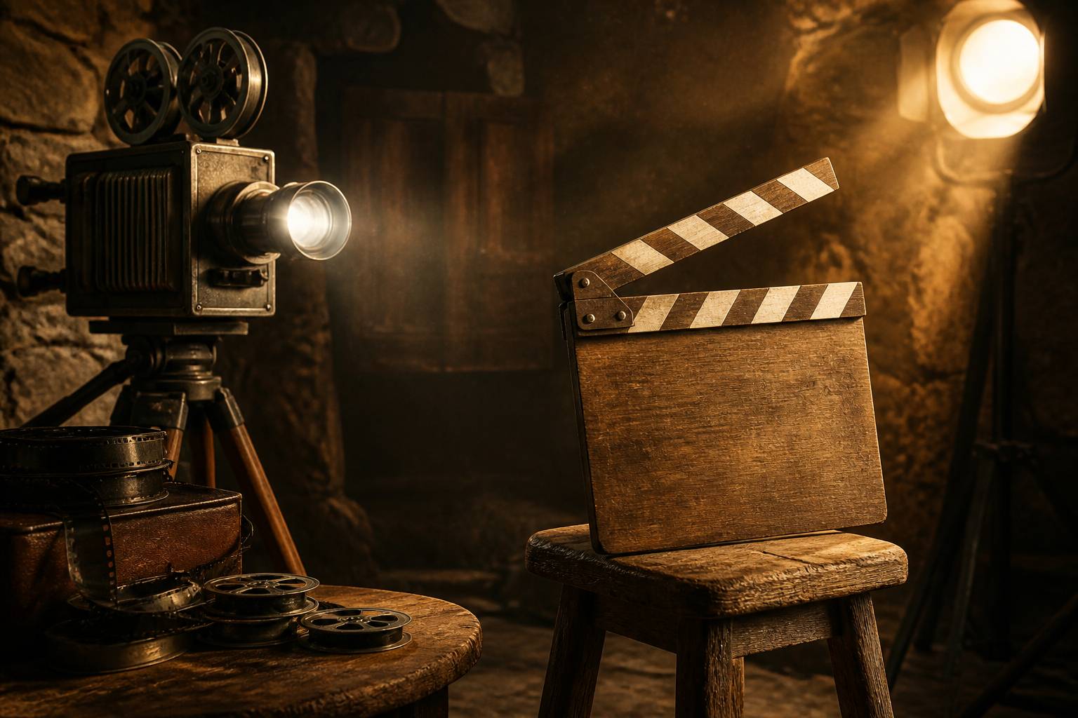 Clap de cinéma en bois avec projecteur et pellicule