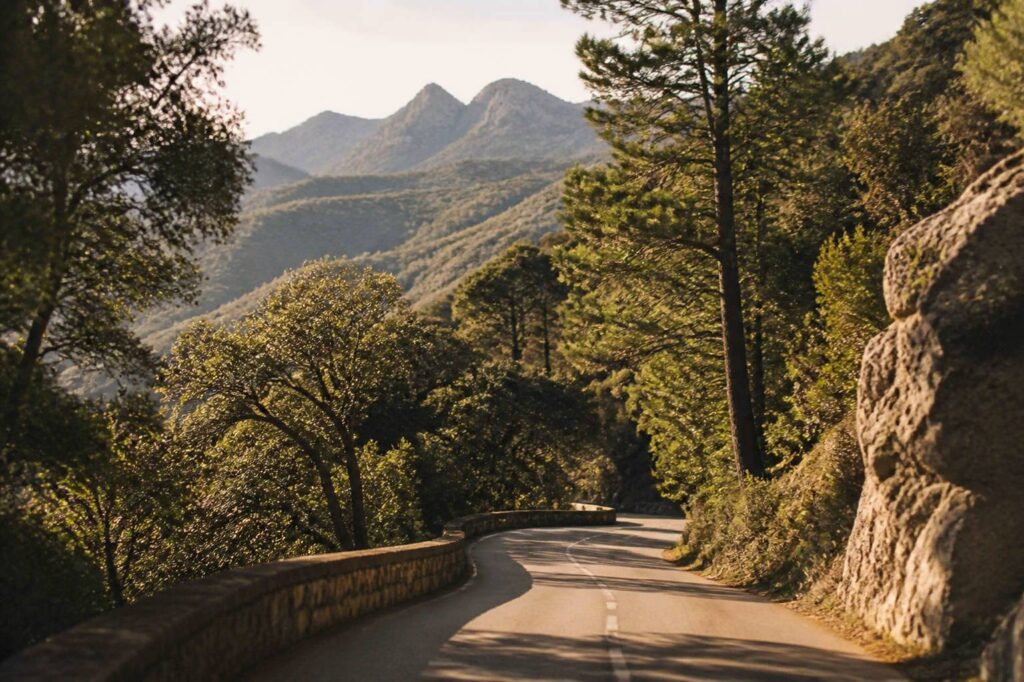 Route de montagne au col de Vizzavona avec forêts et sommets corses