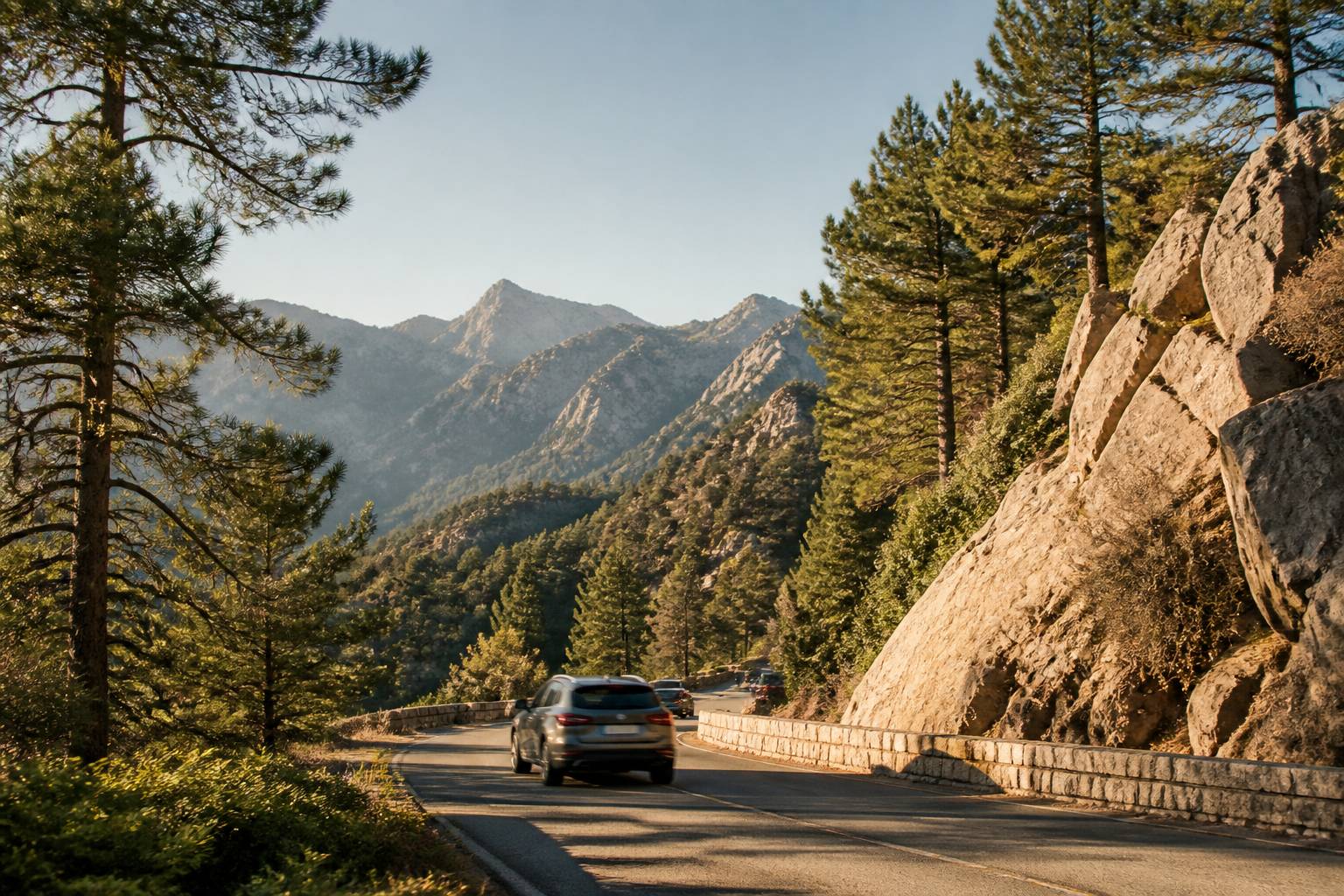 Route de col en Corse avec des véhicules en montée et la forêt environnante