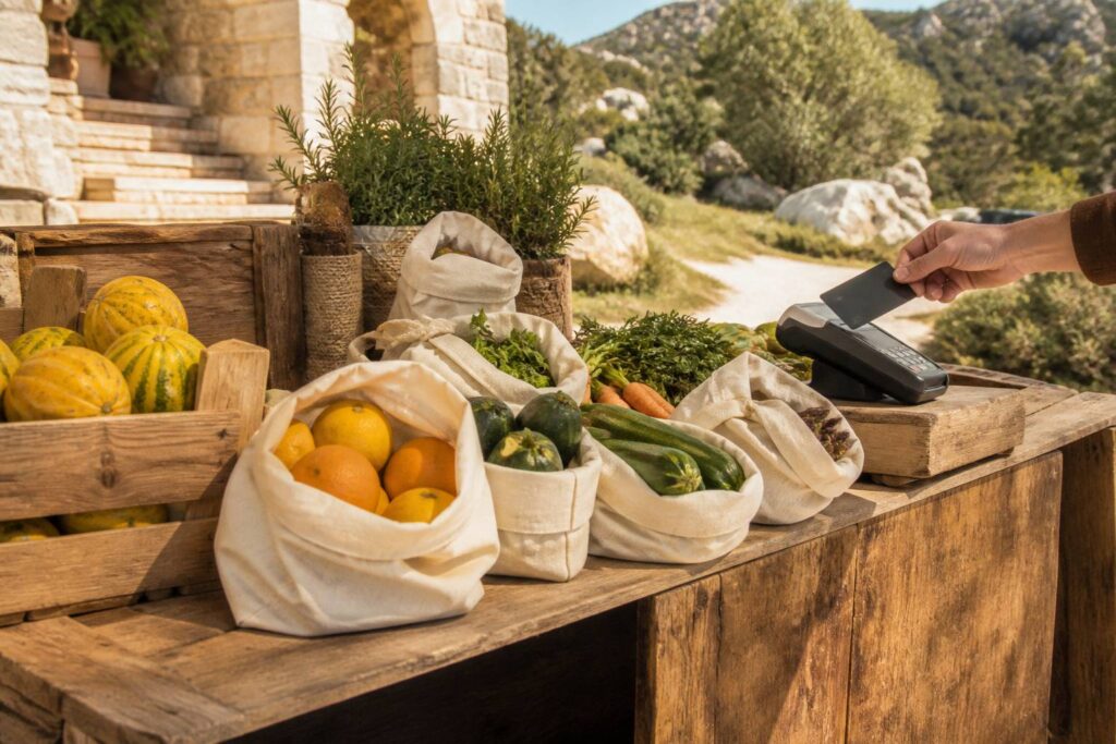 Cabas de courses au marché avec un paiement sur un étal en bois