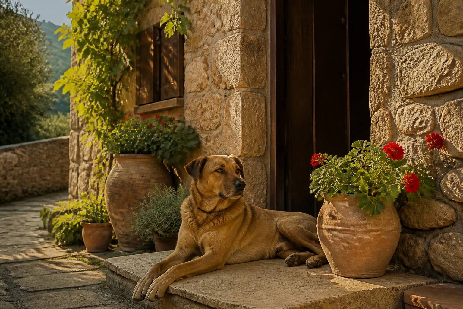 Chien corse couché devant une porte en pierre de village