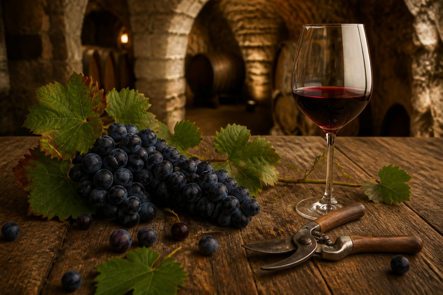 Grappe de raisins Merlot et verre de vin rouge sur une table en bois