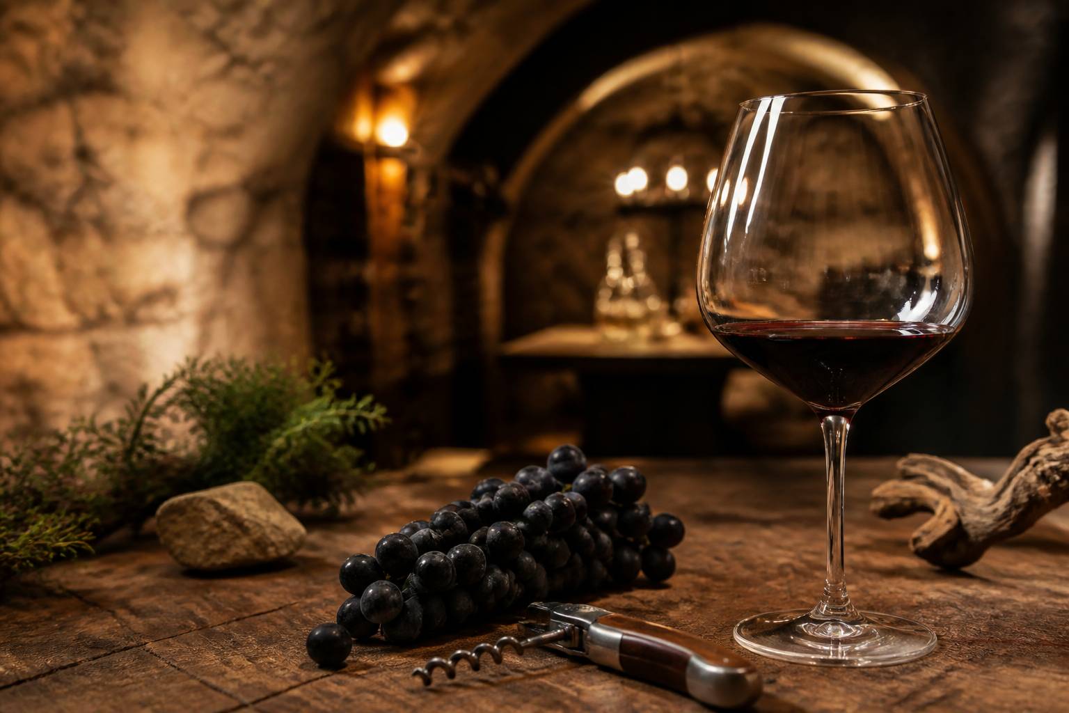 Verre de syrah et grappe de raisin noir sur table