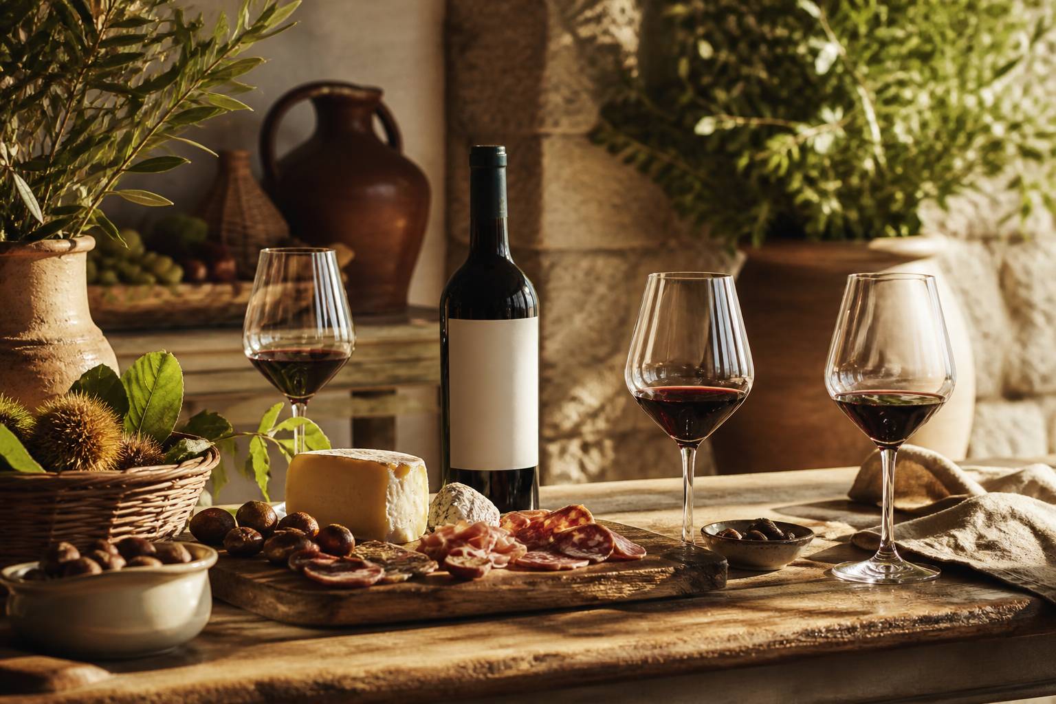 Verres de vin et planche de fromages sur un comptoir