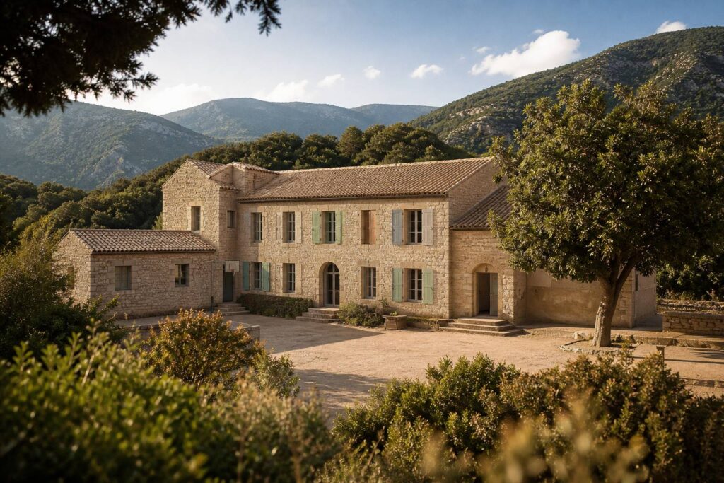 École de village corse avec sa cour et des montagnes en arrière-plan