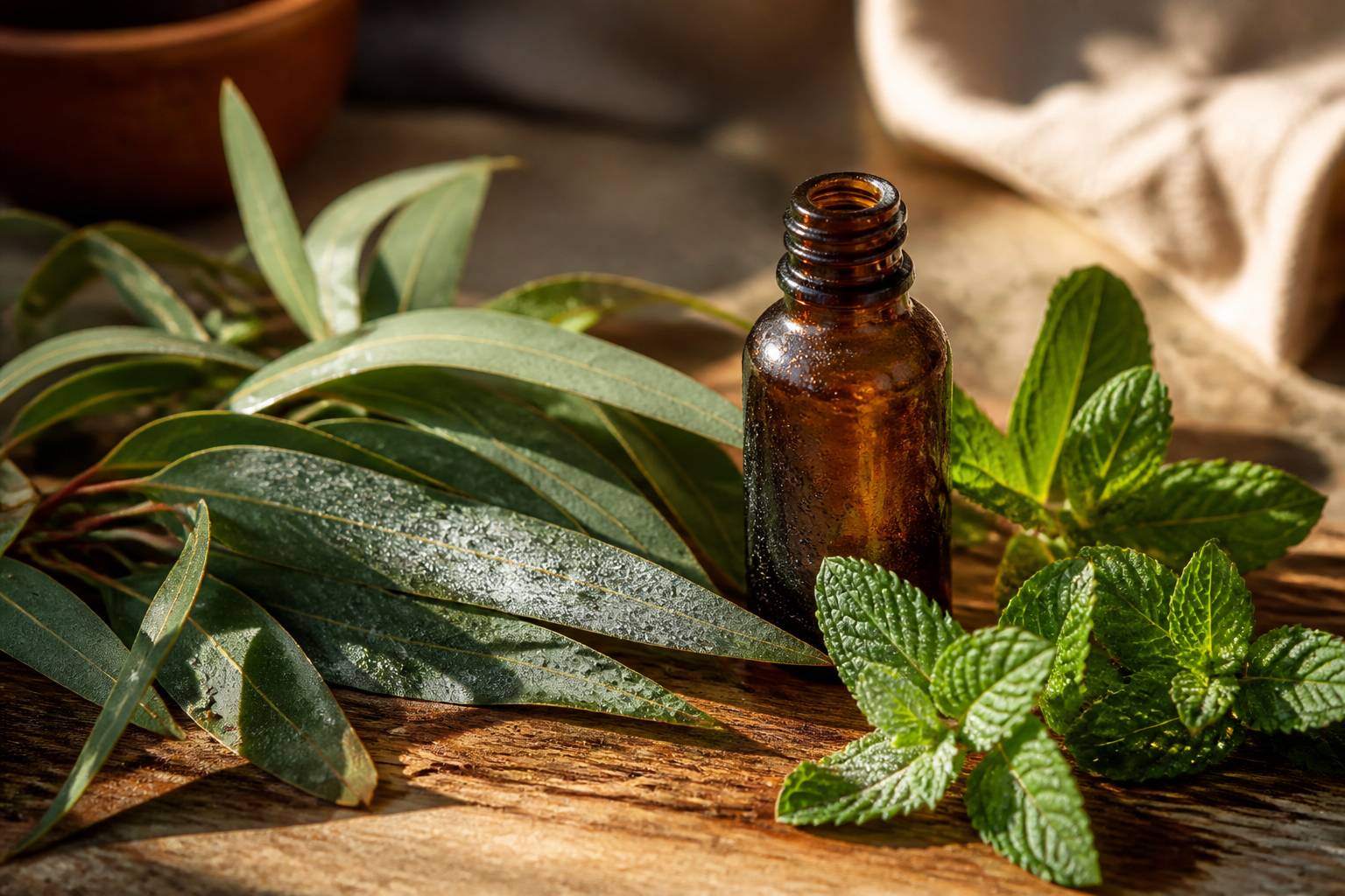 Feuilles d'eucalyptus et de menthe poivrée près d'un flacon en verre ambré