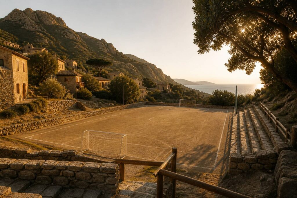 Terrain de football fictif dans un village méditerranéen ensoleillé