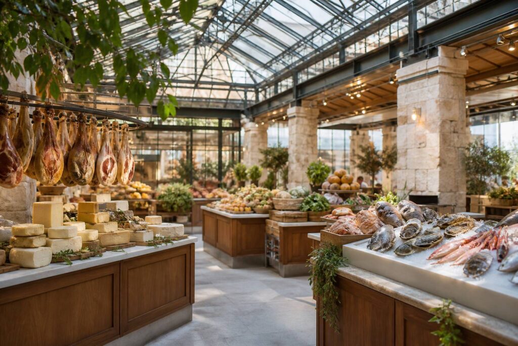 Étals de produits du Sud-Ouest dans un marché couvert