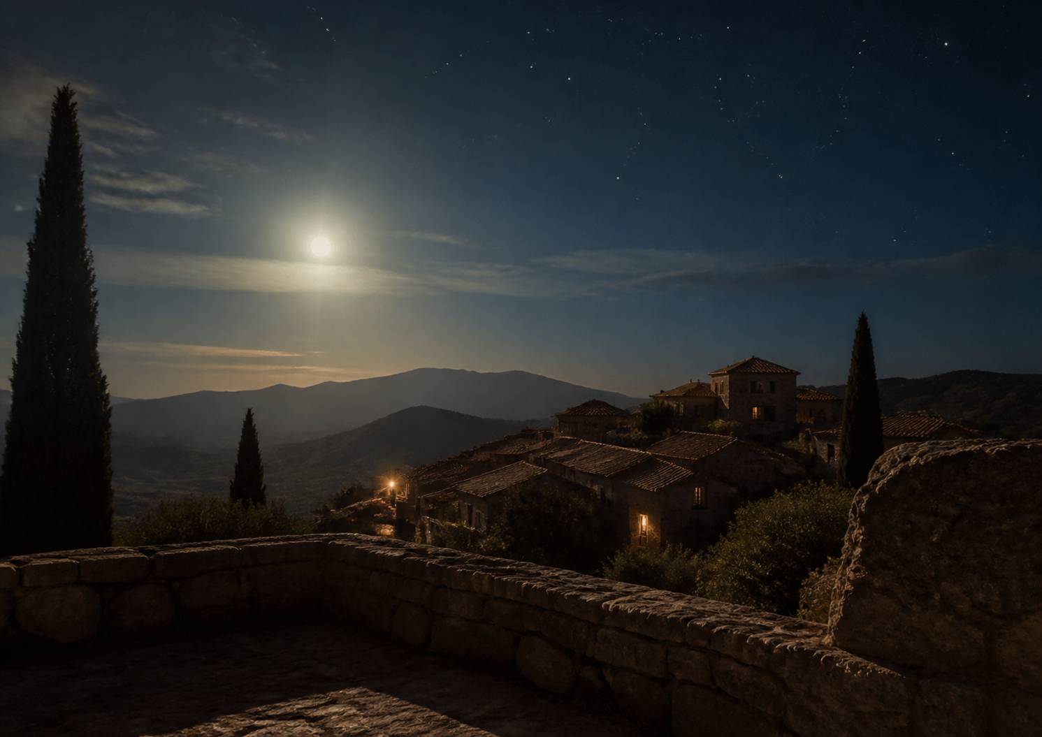 Lune montant au-dessus d'un village corse sous un ciel étoilé