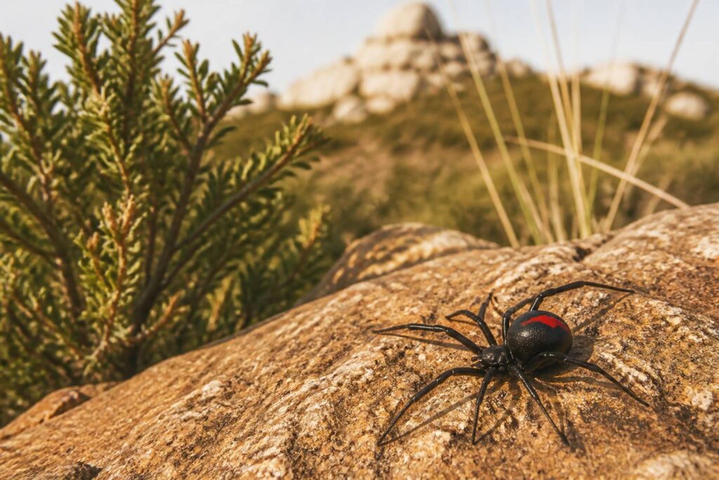 Araignée noire à tache rouge posée sur une pierre au soleil méditerranéen