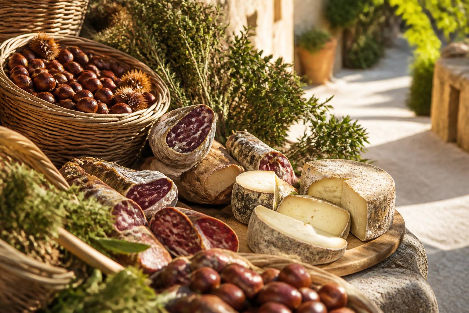 Étal de marché avec châtaignes et charcuterie corse