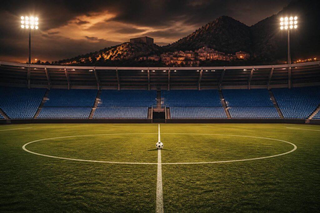 Stade de football éclairé avec un ballon au centre du terrain