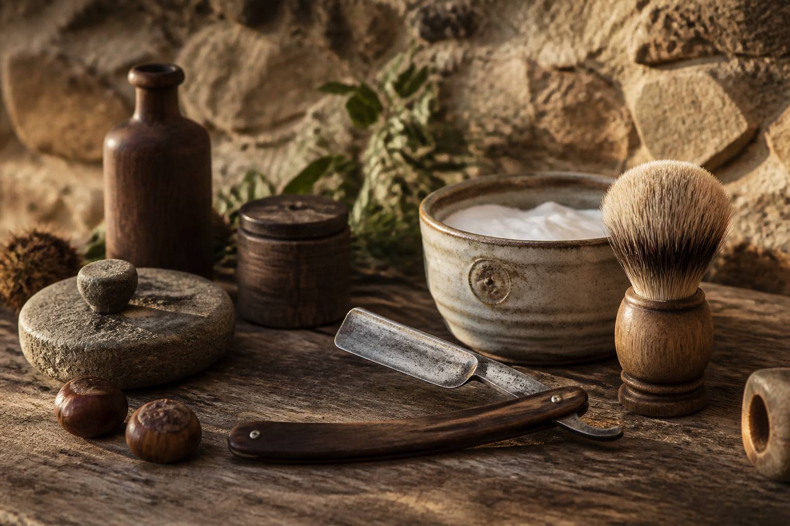 Outils de barbier posés sur un comptoir en bois usé au mur de pierre