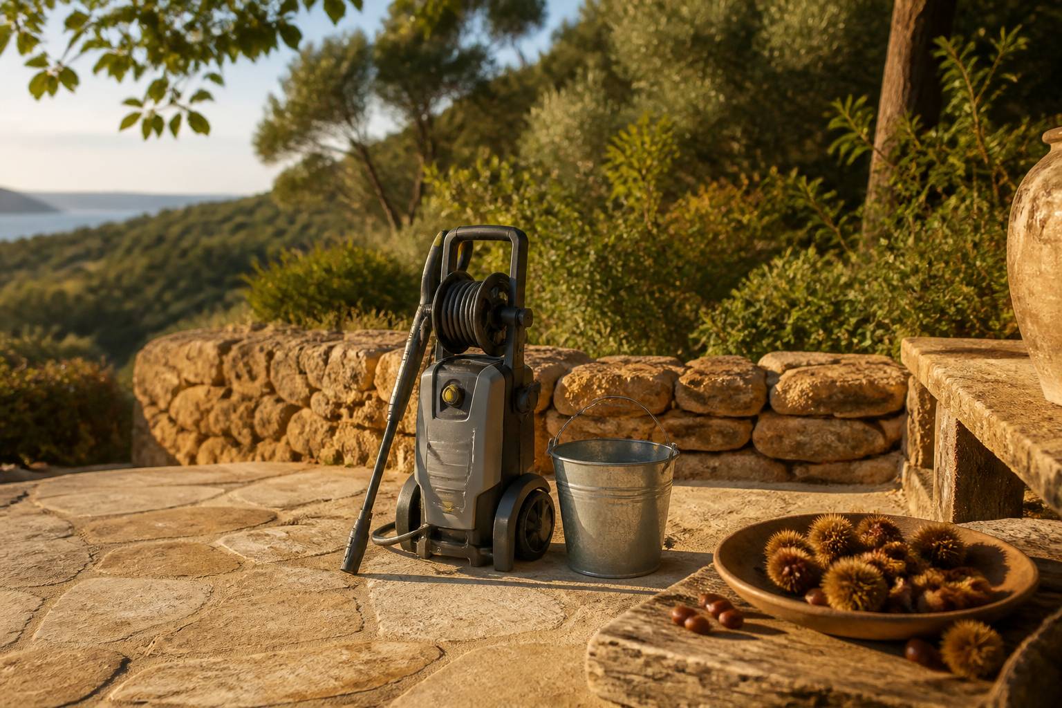 Nettoyeur haute pression posé sur une terrasse avec lance et flexible