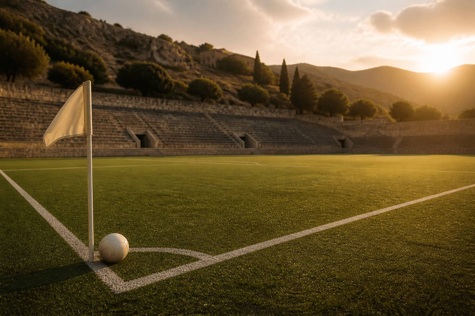 Corner de terrain de football avec ballon et drapeau