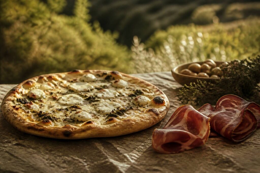 Pizza au brocciu sur une table en pierre face au maquis corse