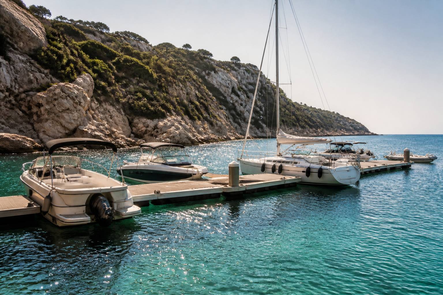 Pontons flottants et embarcations amarrés dans une eau turquoise