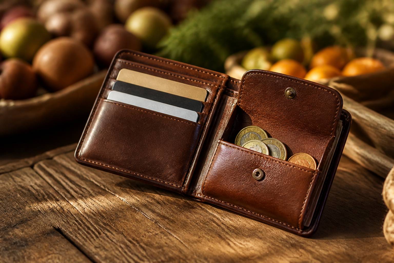 Portefeuille ouvert avec des cartes bancaires sur un comptoir de marché